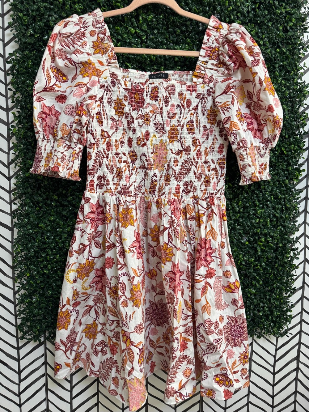 State Floral Smocked Puff-Sleeve Dress in Cream with Rose & Mustard